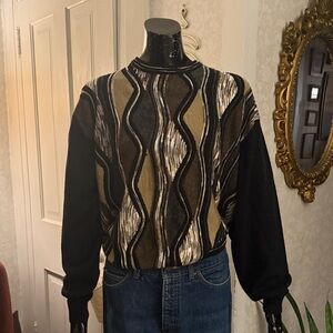 Cellini Collection Coogi Style Black Brown Tan Crewneck Long Sleeve Sweater
